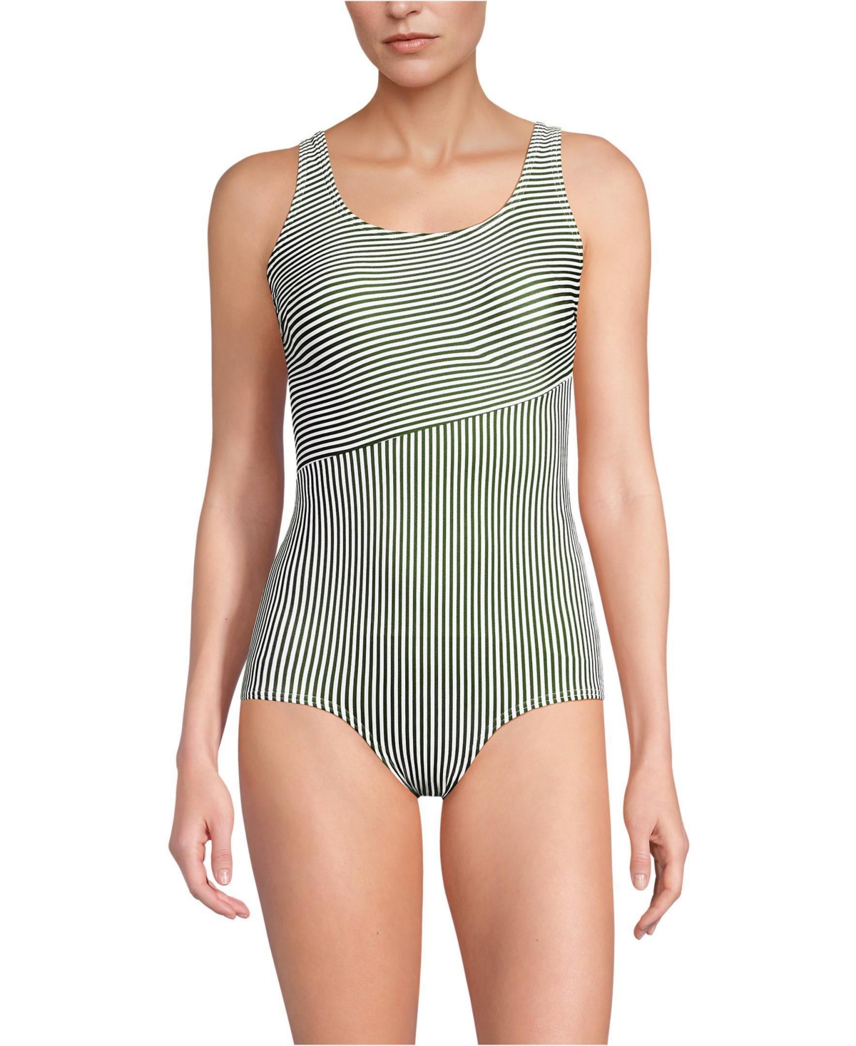 Lands’ End Women’s Chlorine Resistant Soft Cup Tugless Sporty One Piece Swimsuit – Fusion green mini stripe Lands’ End Women’s Chlorine Resistant Soft Cup Tugless Sporty One Piece Swimsuit – Fusion green mini stripe