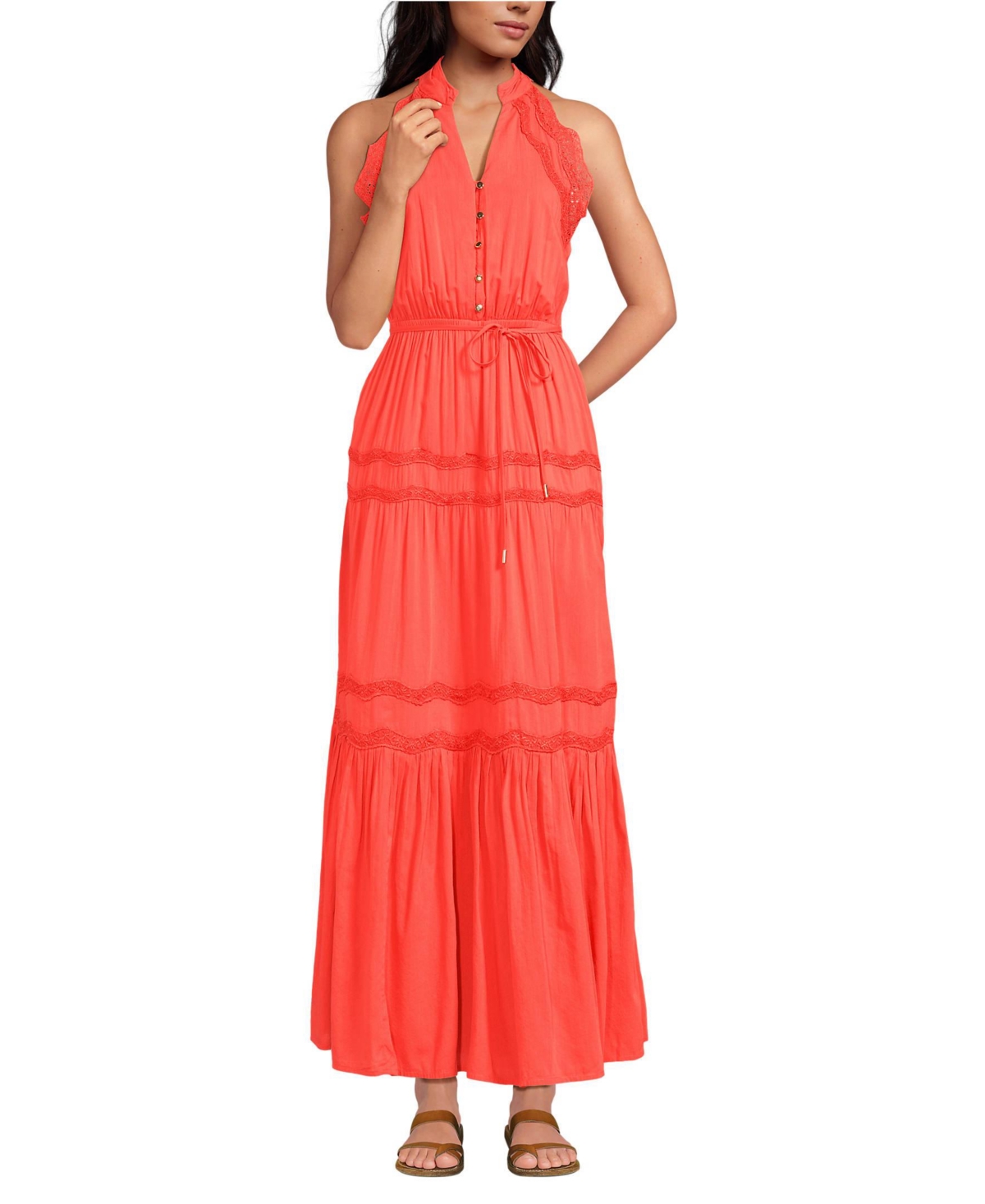 Lands’ End Women’s Cotton Voile Halter Tiered Maxi Dress – Pop orange sherbert
