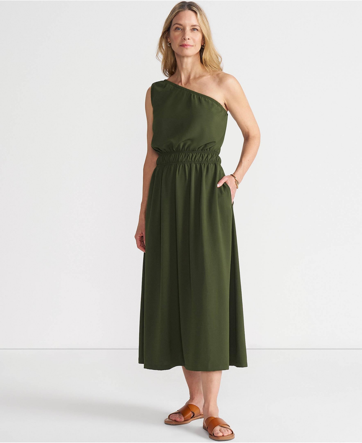 Lands’ End Women’s Creaseless One Shoulder Midi Dress – Dark cilantro green