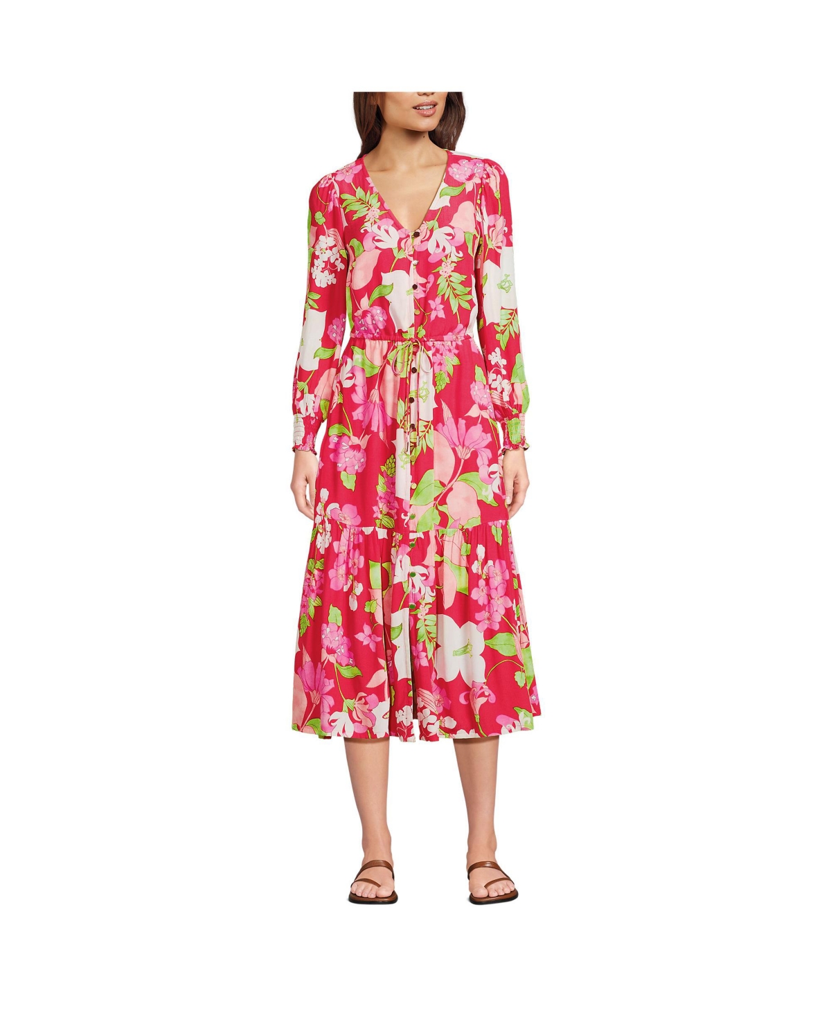 Lands’ End Women’s Crepe Button Front Long Sleeve Midi Dress – Berry rouge lilies Lands’ End Women’s Crepe Button Front Long Sleeve Midi Dress – Berry rouge lilies