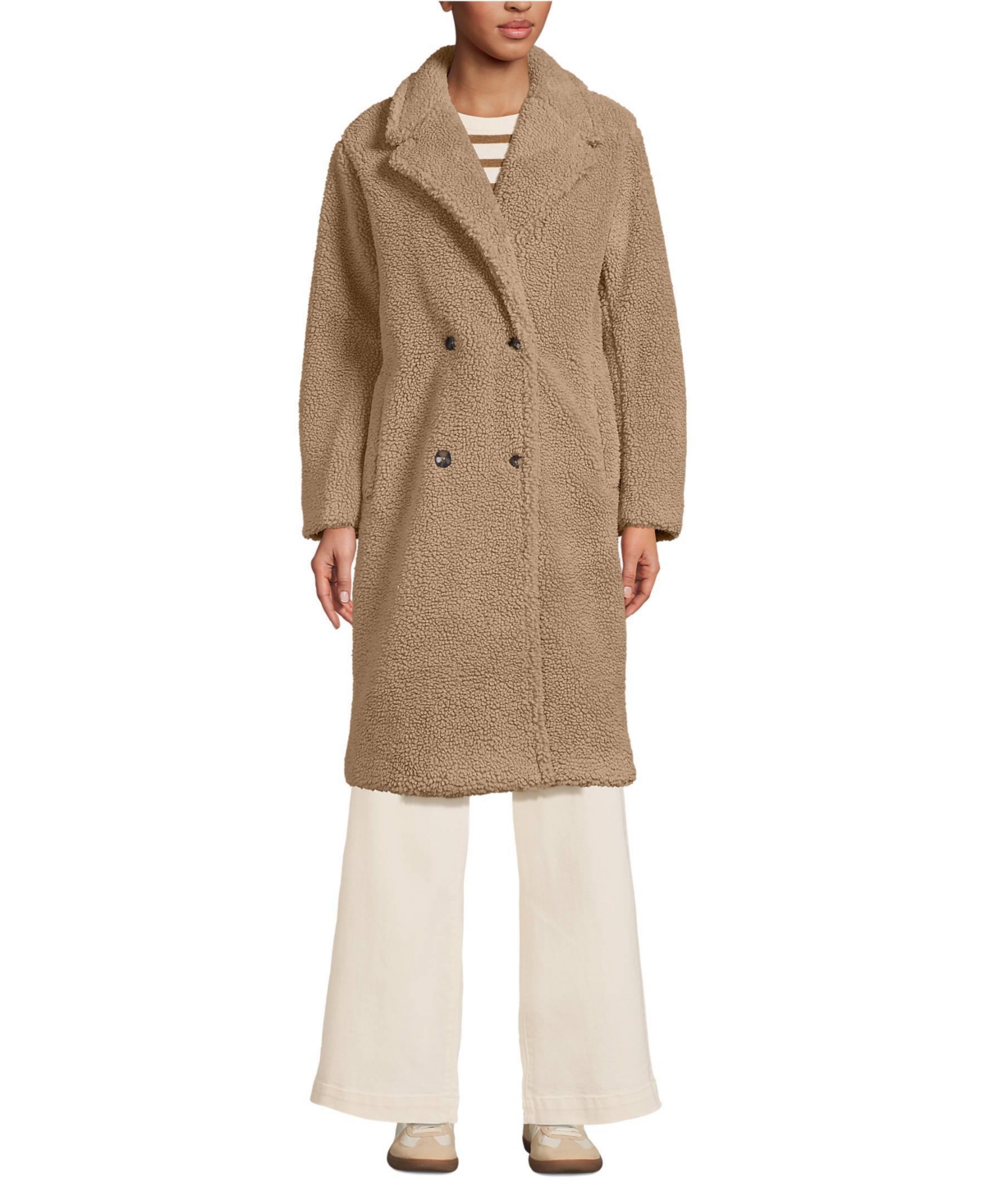 Lands’ End Women’s Double Breasted High Pile Fleece Coat – Taupe tan Lands’ End Women’s Double Breasted High Pile Fleece Coat – Taupe tan