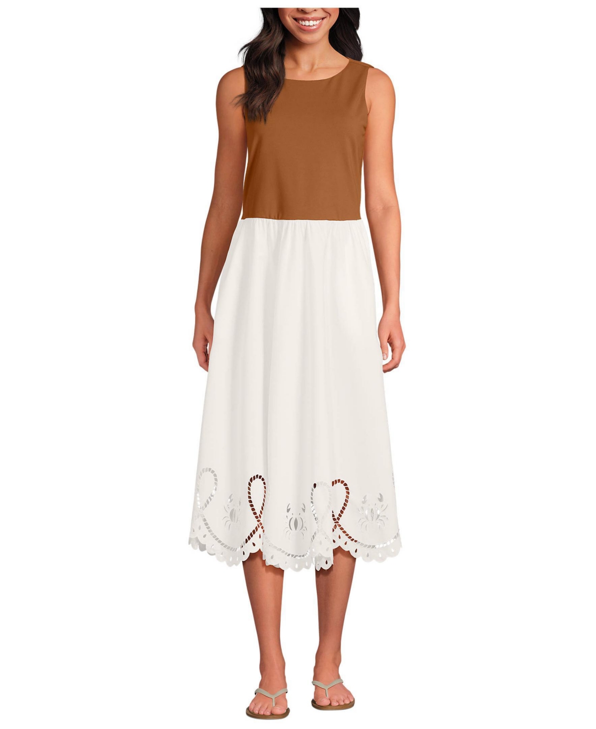 Lands’ End Women’s Embroidered Duet Midi Dress – Rich ginger brown/ivory