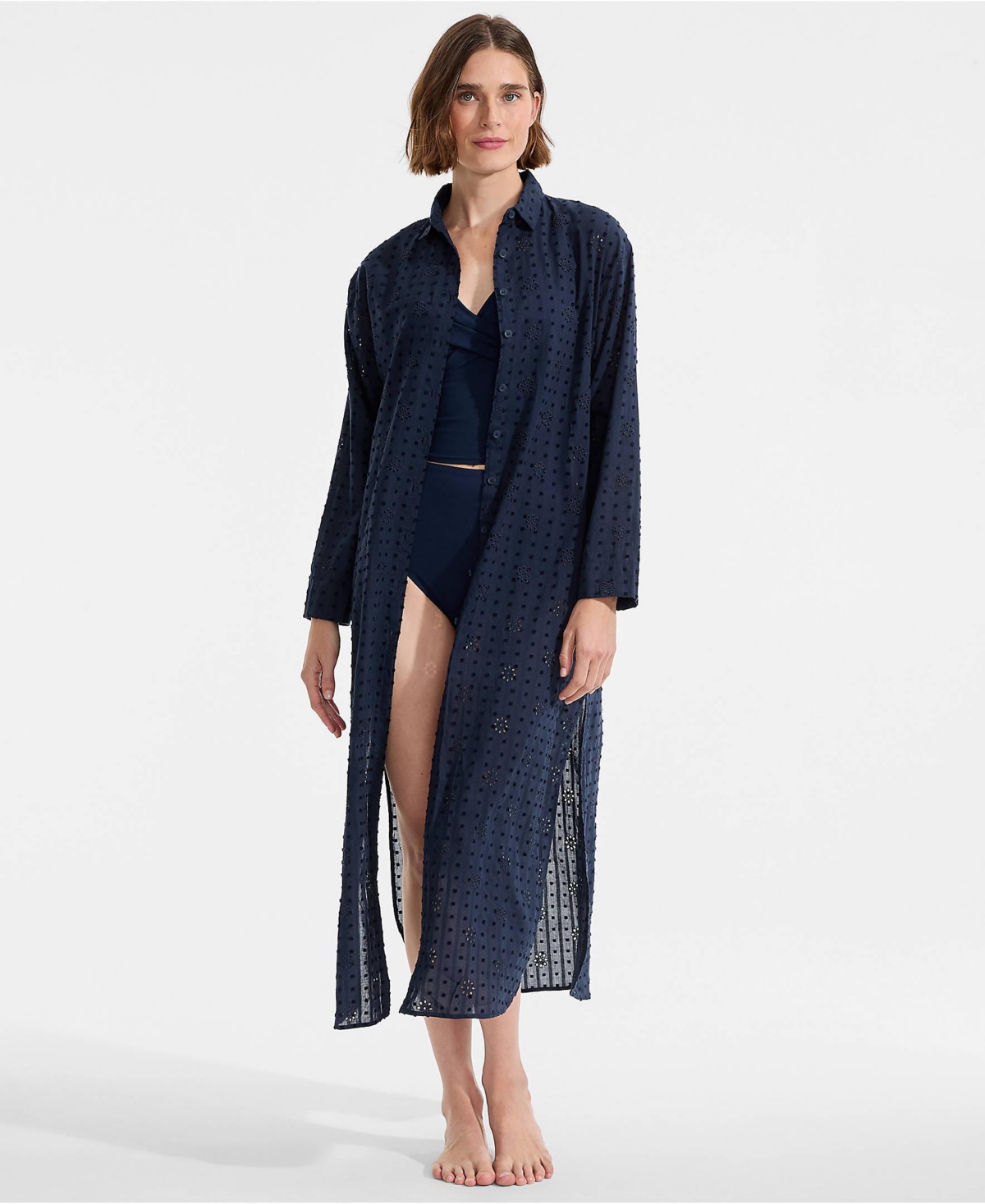 Lands’ End Women’s Eyelet Button Down Maxi Cover-up Dress – Deep sea navy