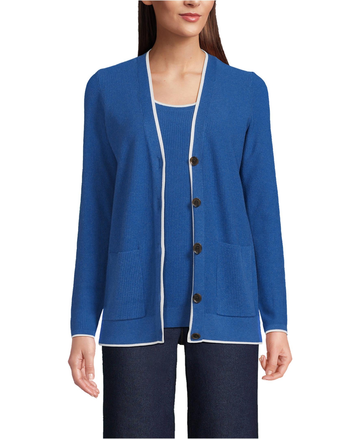 Lands’ End Women’s Fine Gauge Cotton Cardigan and Tank Sweater Set – Light twlight heather/ivory Lands’ End Women’s Fine Gauge Cotton Cardigan and Tank Sweater Set – Light twlight heather/ivory
