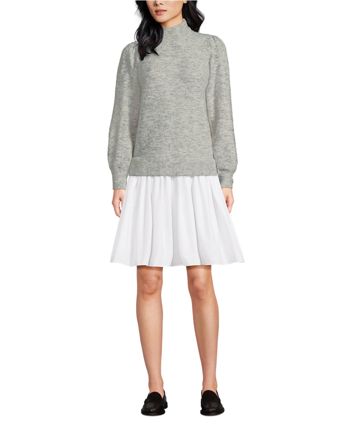 Lands’ End Women’s Fuzzy Lantern Sleeve Mock Neck Mini Twofer Dress – Gray marble heather Lands’ End Women’s Fuzzy Lantern Sleeve Mock Neck Mini Twofer Dress – Gray marble heather