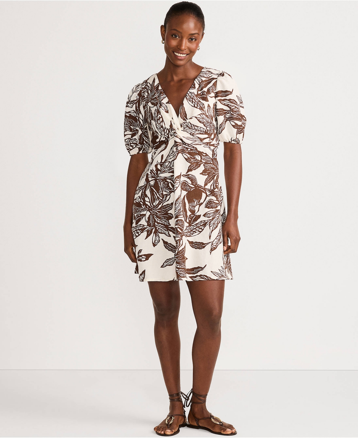 Lands’ End Women’s Linen Above the Knee Puff Sleeve Dress – Vanilla/bark etched leaves Lands’ End Women’s Linen Above the Knee Puff Sleeve Dress – Vanilla/bark etched leaves