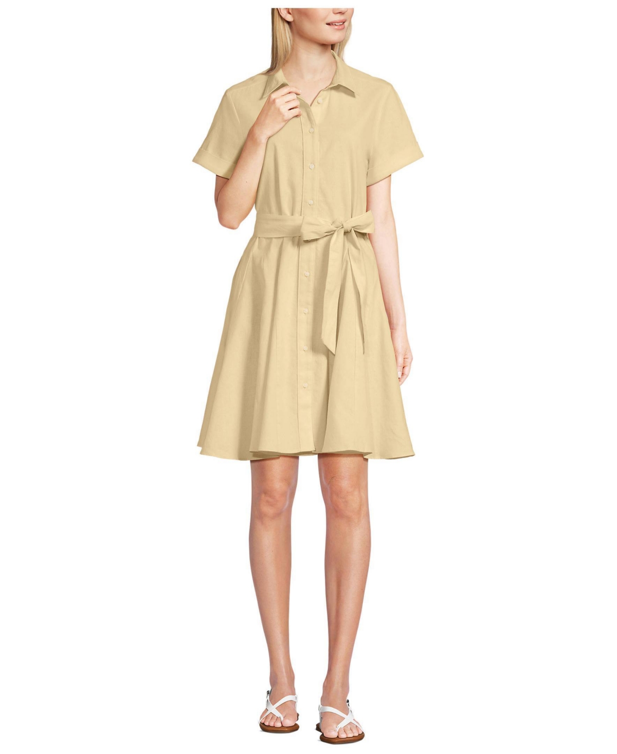Lands’ End Women’s Linen Blend Button Front Dress with Godets – Pale sunbeam yellow