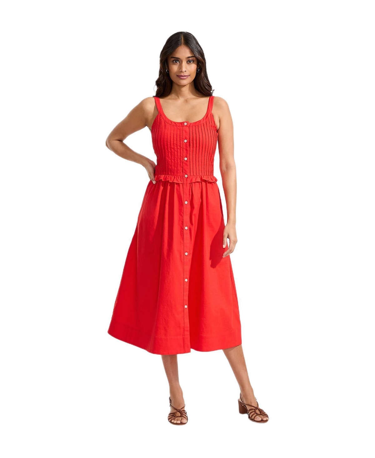 Lands’ End Women’s Linen Blend Pintuck Tank Midi Dress – Coral red