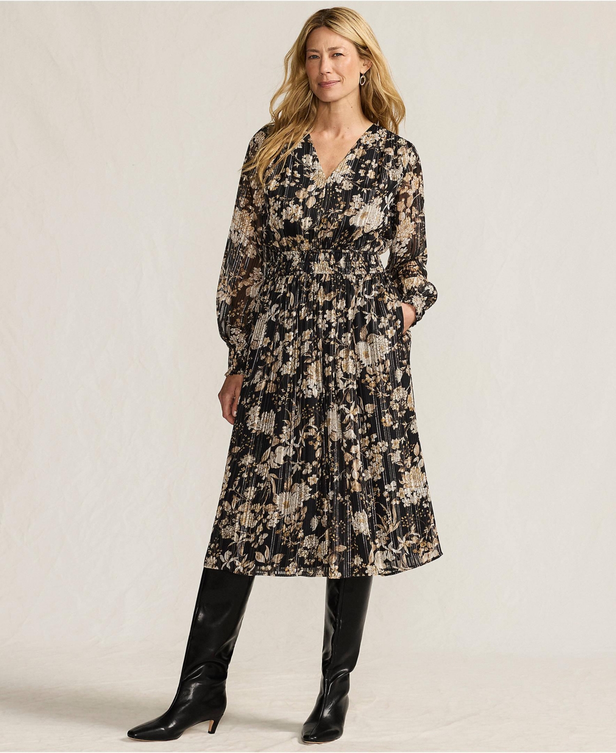Lands’ End Women’s Lurex Shadow Stripe Midi Dress – Black/pumice stone floral