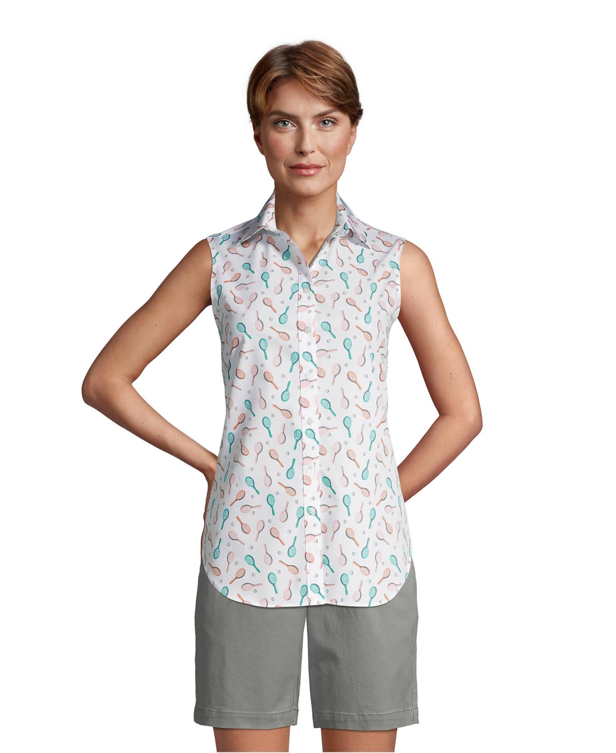 Lands’ End Women’s No Iron Supima Cotton Sleeveless Shirt – White tennis print Lands’ End Women’s No Iron Supima Cotton Sleeveless Shirt – White tennis print