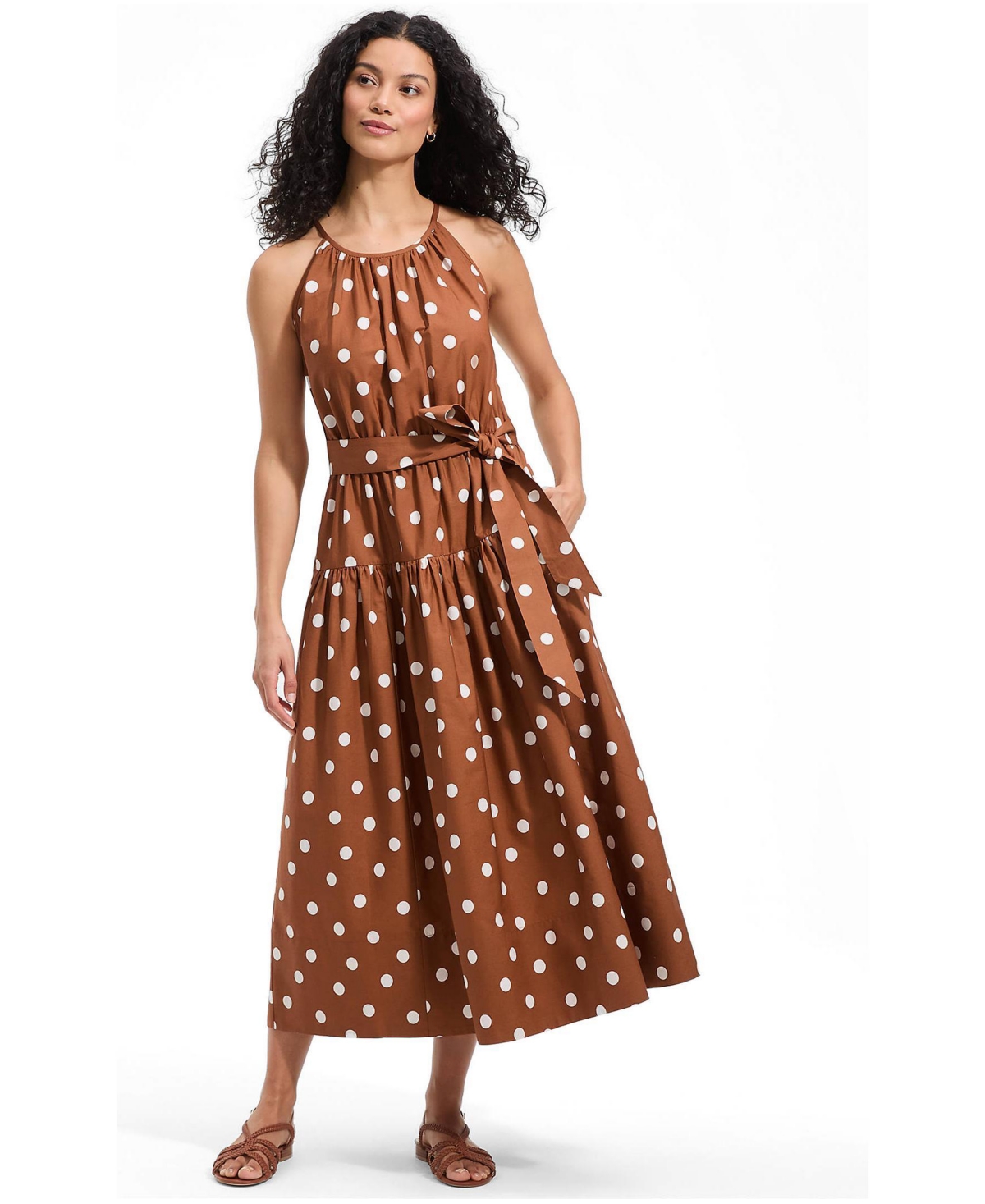 Lands’ End Women’s Poplin Halter Midi Dress – Rich ginger brown dot
