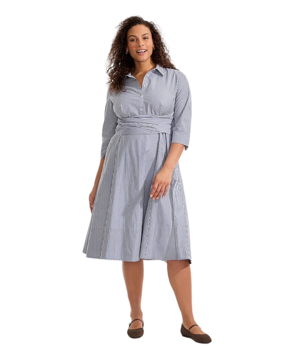 Lands’ End Women’s Poplin Midi Wrap Front Dress – Midnight sky pinstripe Lands’ End Women’s Poplin Midi Wrap Front Dress – Midnight sky pinstripe
