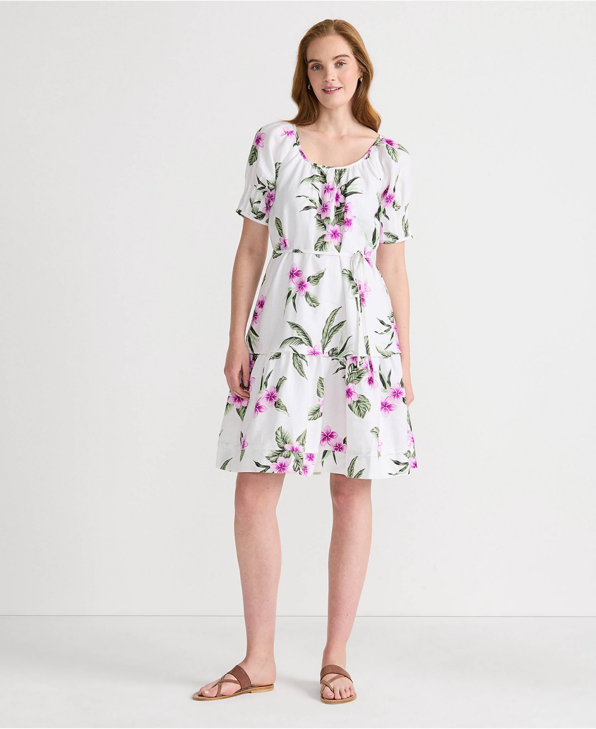 Lands’ End Women’s Puff Sleeve Pleated Linen Knee Length Dress – White/magenta plumeria Lands’ End Women’s Puff Sleeve Pleated Linen Knee Length Dress – White/magenta plumeria