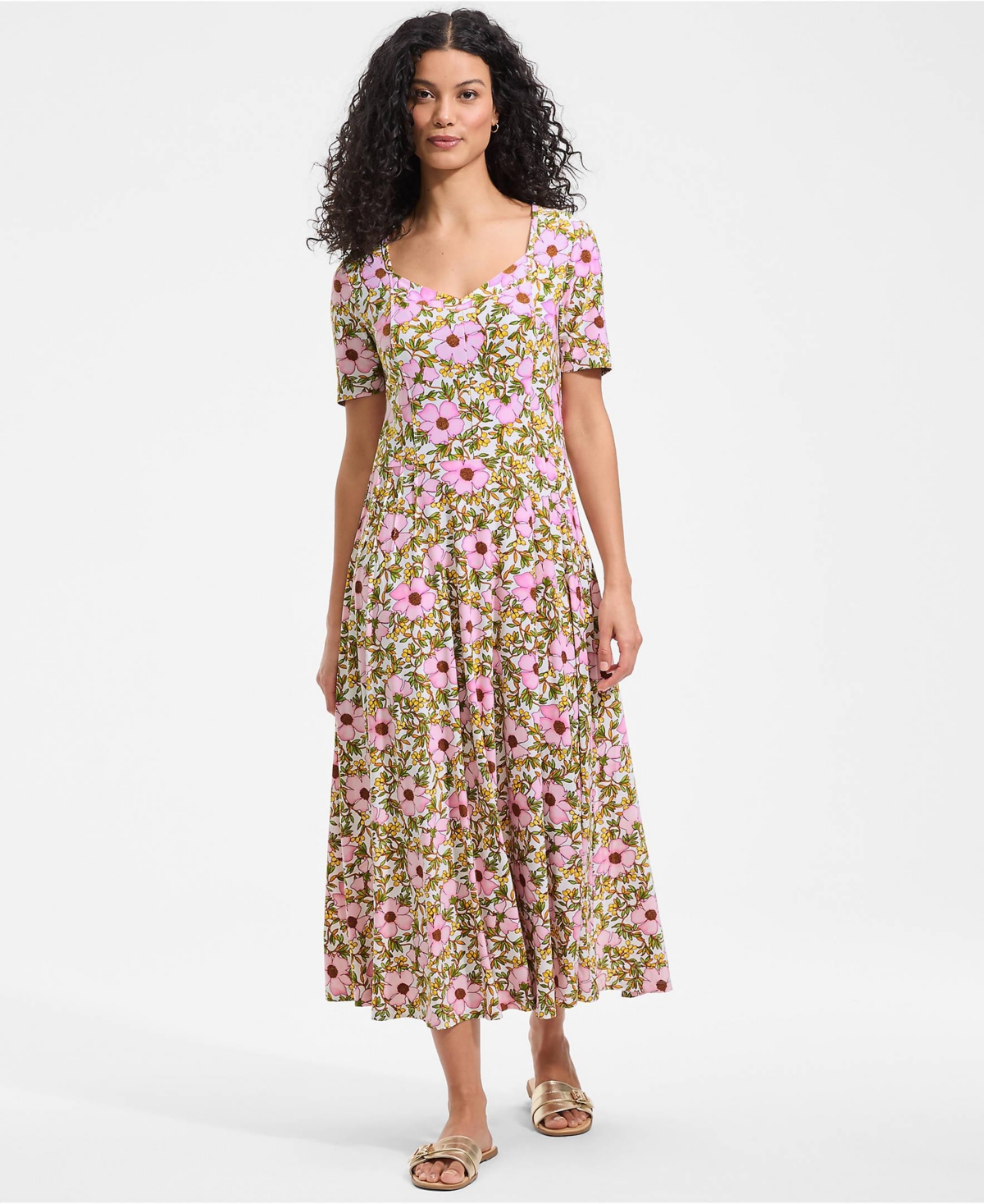Lands’ End Women’s Silky Knit Sweetheart Midi Dress – Light rose pink floral blossom Lands’ End Women’s Silky Knit Sweetheart Midi Dress – Light rose pink floral blossom