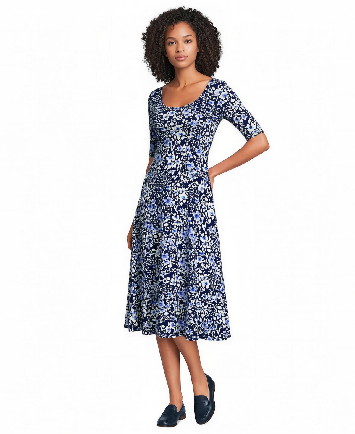 Lands’ End Women’s Starfish Elbow Sleeve Midi Fit and Flare Dress – Deepest cobalt/lavender floral Lands’ End Women’s Starfish Elbow Sleeve Midi Fit and Flare Dress – Deepest cobalt/lavender floral