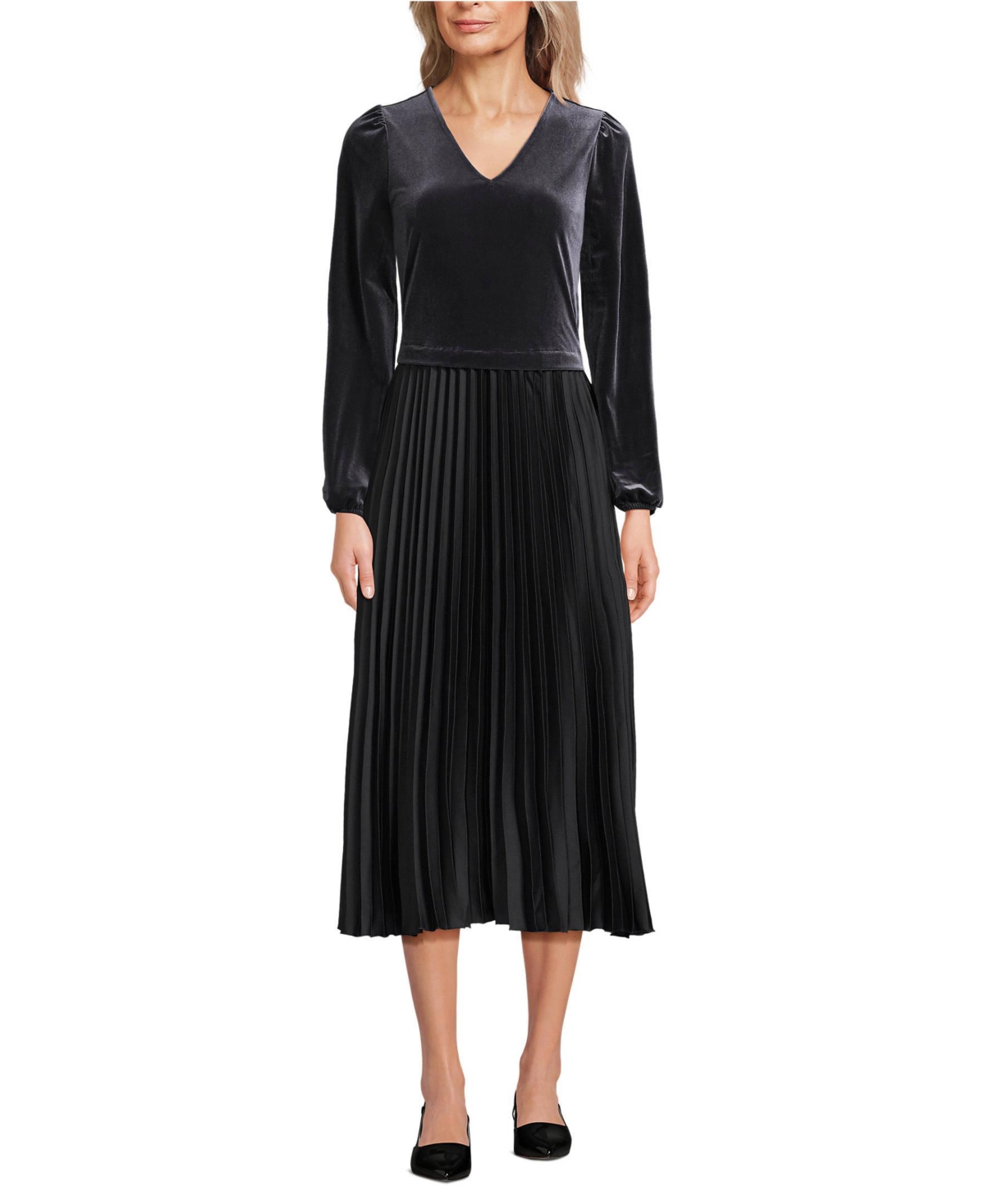 Lands’ End Women’s Velvet and Satin Duet Midi Dress – Black
