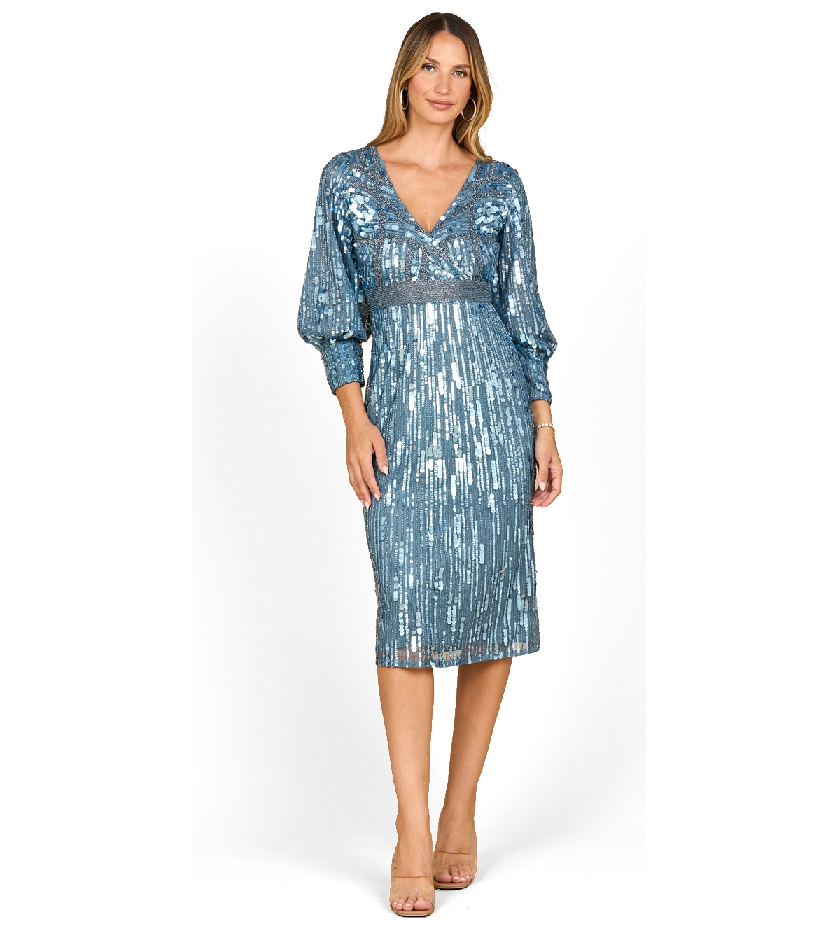 Lara Women’s Beaded A-line Midi Dress with Long Sleeves – Slate blue Lara Women’s Beaded A-line Midi Dress with Long Sleeves – Slate blue