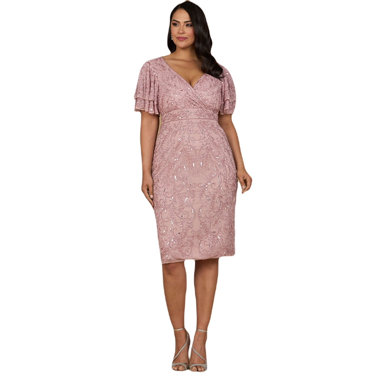 Lara Women’s Beaded Midi Dress with Cape Sleeves – Dusty rose