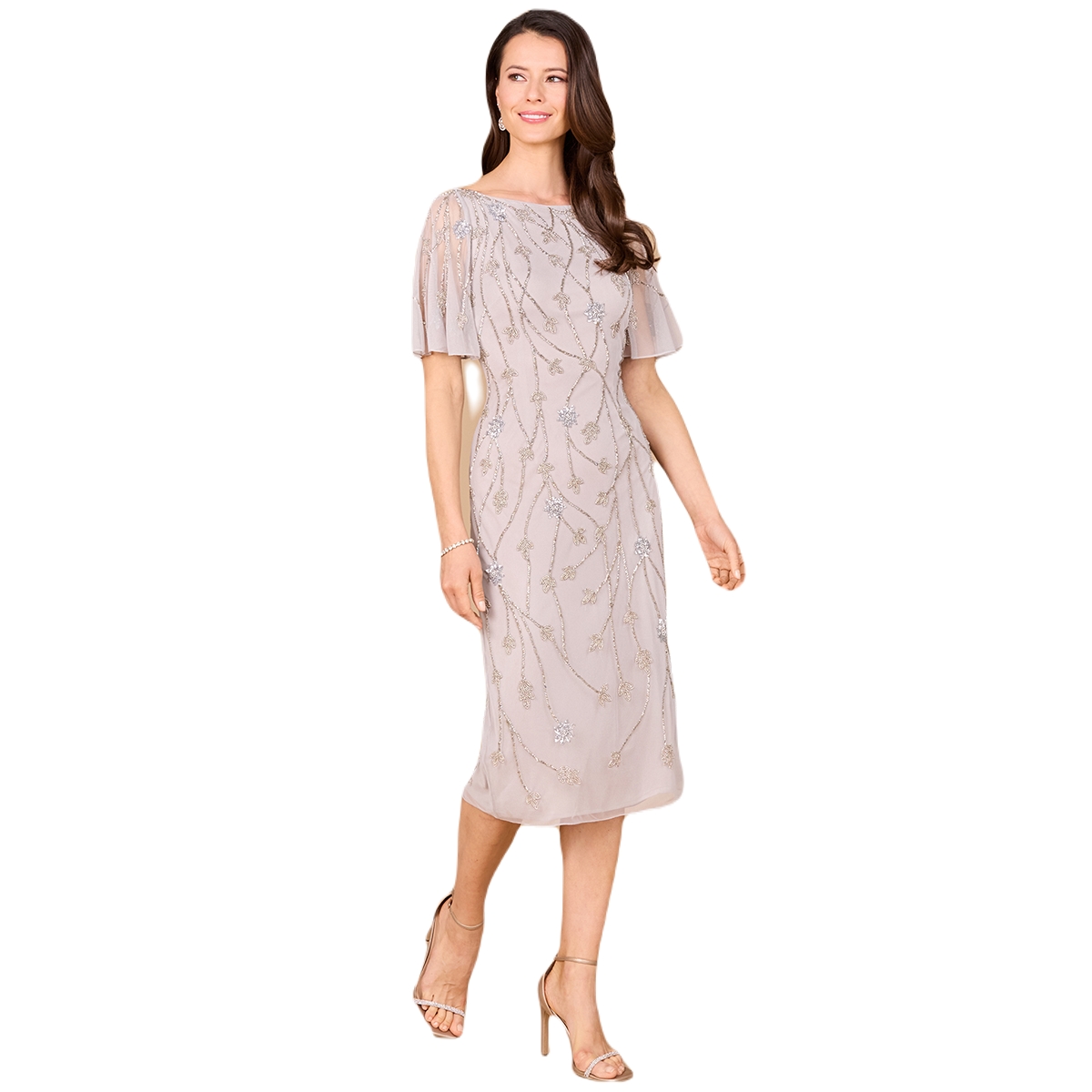 Lara Women’s Beaded Midi Dress with Cape Sleeves – Silver Lara Women’s Beaded Midi Dress with Cape Sleeves – Silver