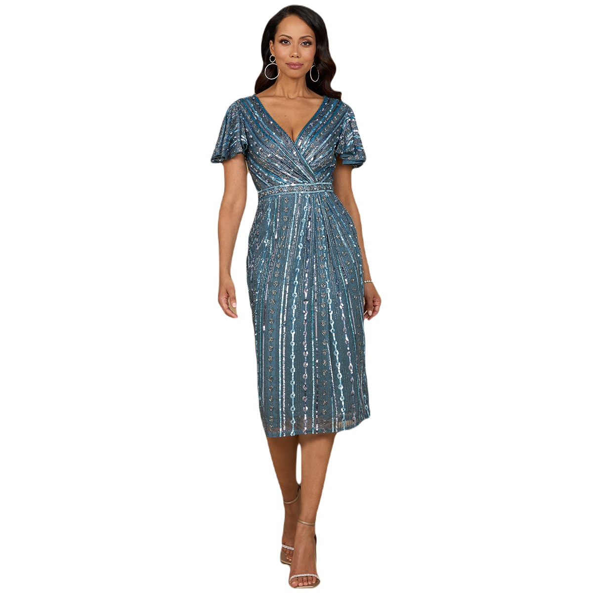 Lara Women’s Beaded Midi Dress with Flutter Sleeves – Slate