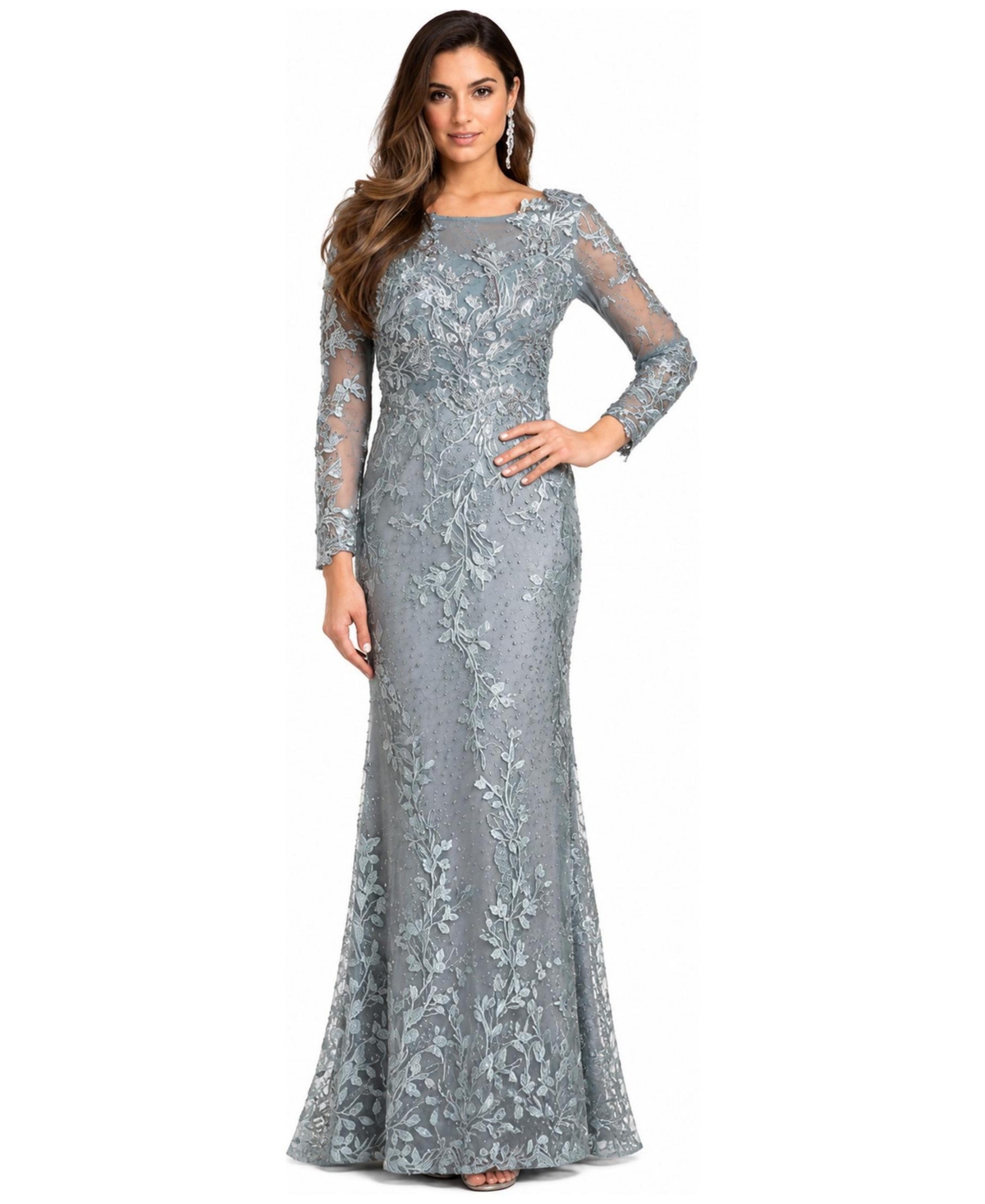 Lara Women’s Long Sleeve Lace Dress With Lace Appliques – Silver sage Lara Women’s Long Sleeve Lace Dress With Lace Appliques – Silver sage