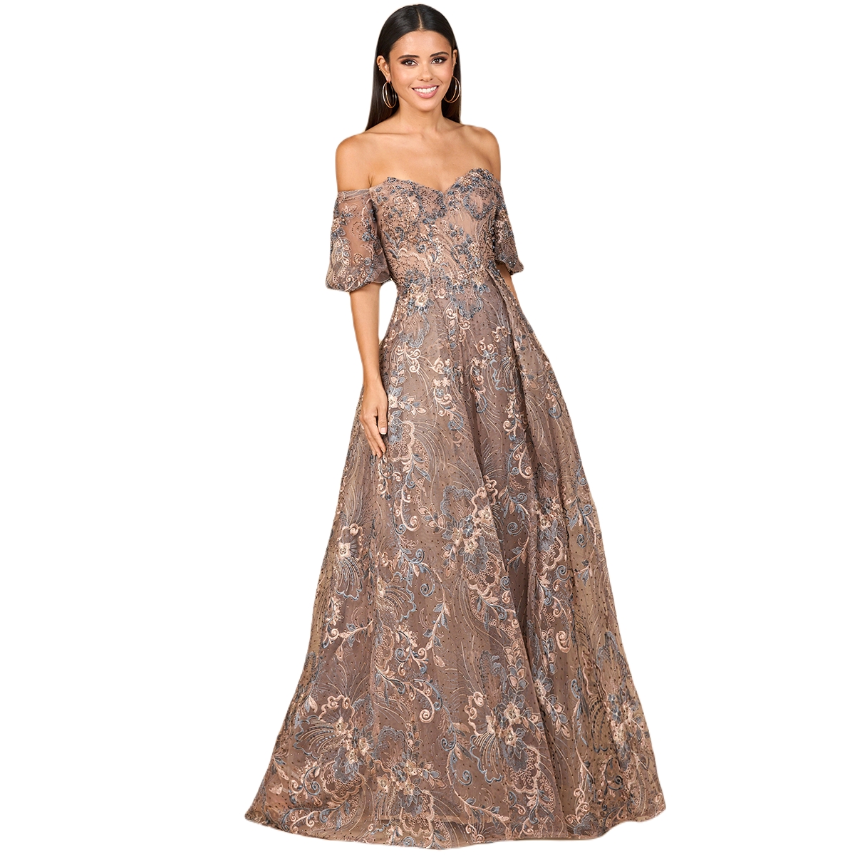Lara Women’s Off Shoulder Lace Ballgown – Bronze multi