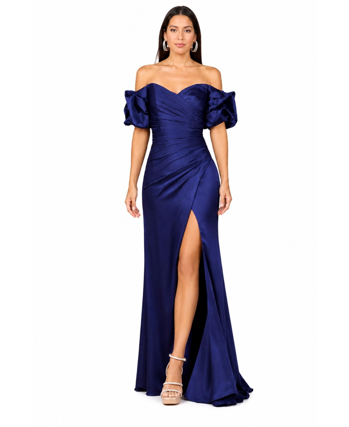 Lara Women’s Off Shoulder Satin Dress with Slit – Navy