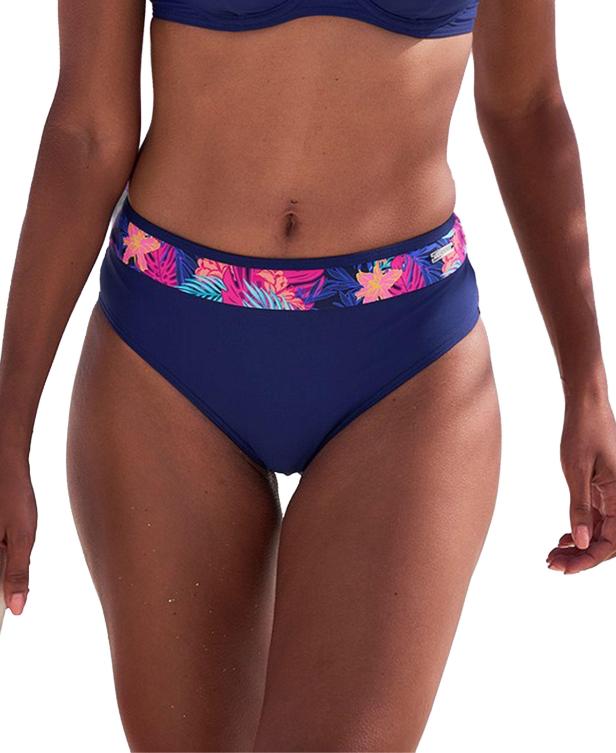 Lascana Women’s Contrast Print High Waisted Bikini Swimsuit Bottom – Navy pink
