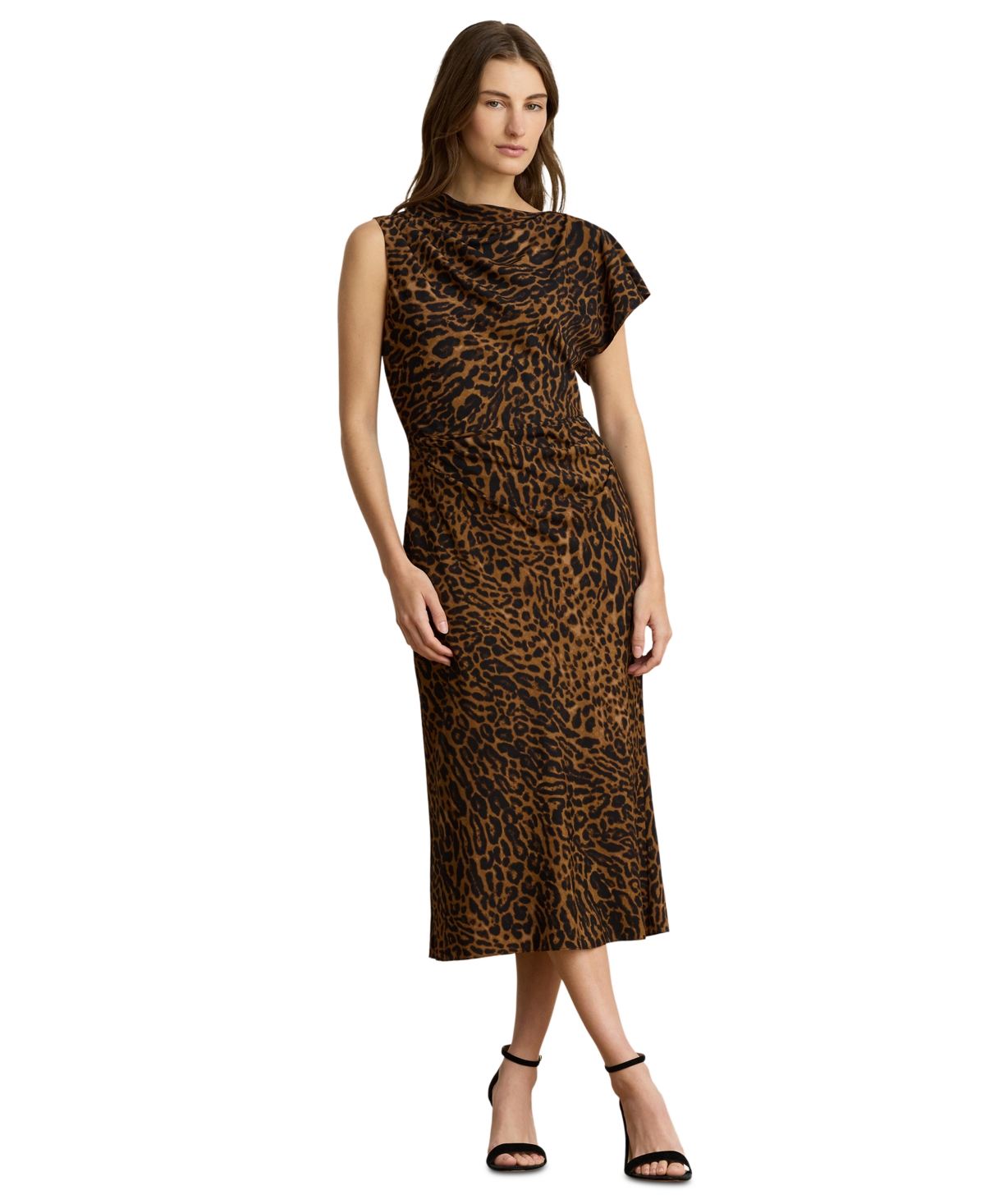 Lauren Ralph Lauren Women’s Asymmetrical Neck Ocelot-Print Pleated Crepe Dress – Tan Multi Lauren Ralph Lauren Women’s Asymmetrical Neck Ocelot-Print Pleated Crepe Dress – Tan Multi