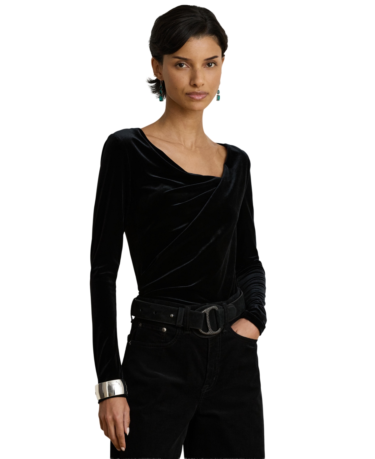 Lauren Ralph Lauren Women’s Asymmetrical Pleated Long-Sleeve Velvet Blouse – Black Velvet Lauren Ralph Lauren Women’s Asymmetrical Pleated Long-Sleeve Velvet Blouse – Black Velvet
