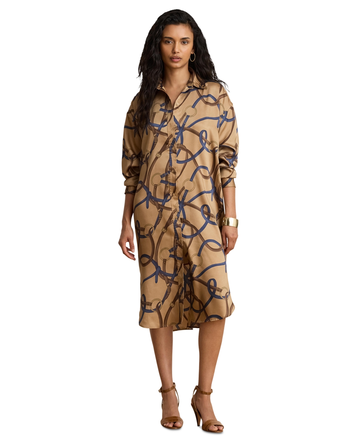 Lauren Ralph Lauren Women’s Belting Print Collared Midi Dress – Camel Multi Lauren Ralph Lauren Women’s Belting Print Collared Midi Dress – Camel Multi