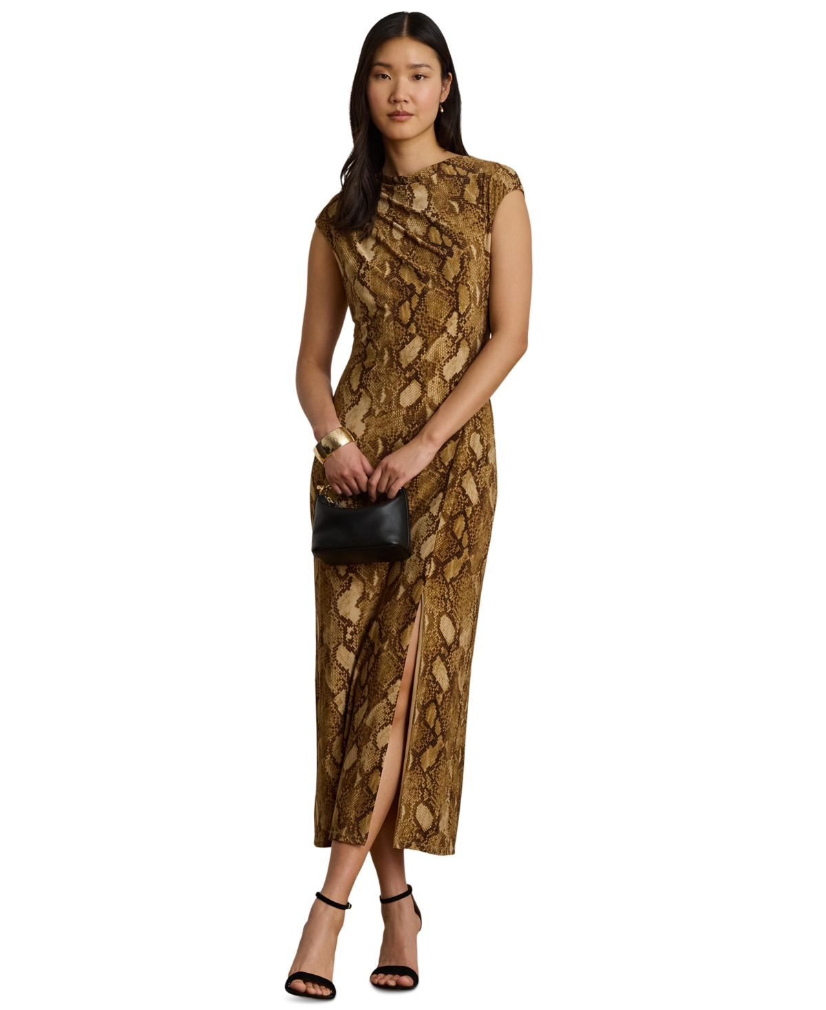 Lauren Ralph Lauren Women’s Boat Neck Cap-Sleeve Midi Dress – Tan Multi