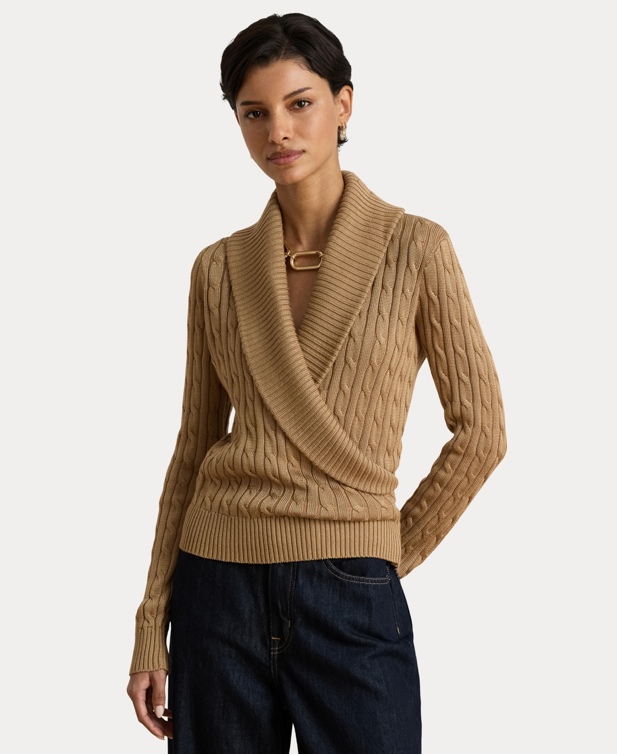 Lauren Ralph Lauren Women’s Cable-Knit Shawl-Collar Sweater – Lauren Camel