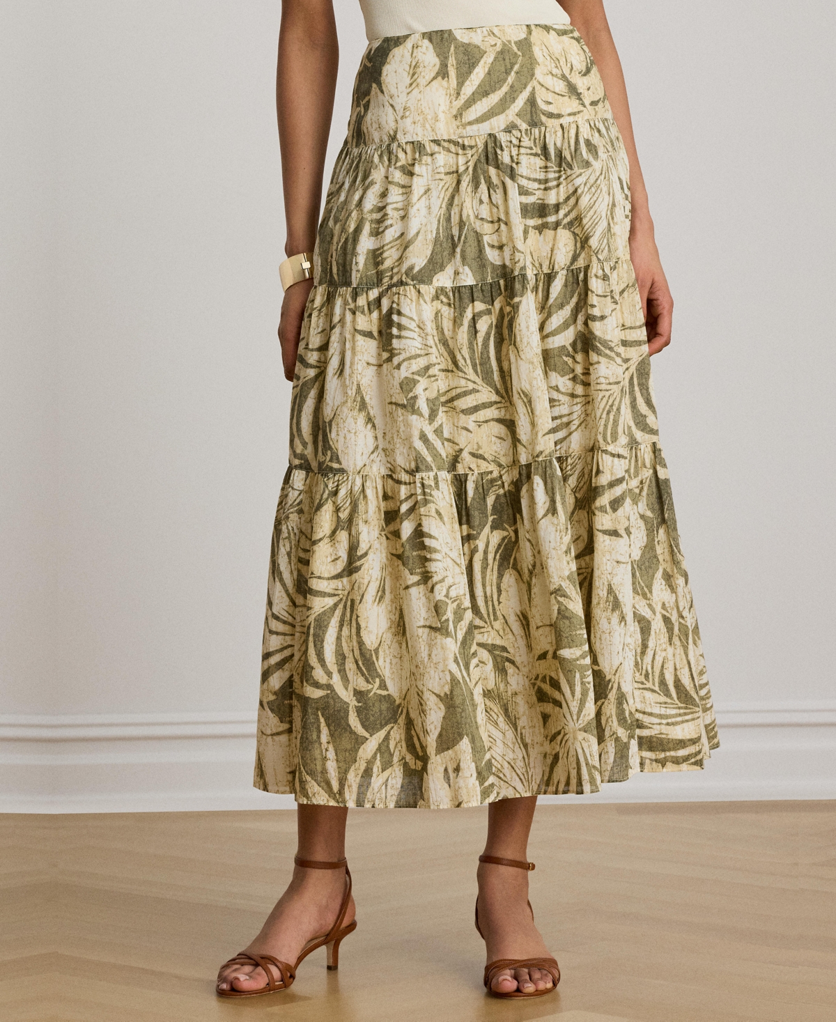 Lauren Ralph Lauren Women’s Elasticized Waist Tiered A-Line Midi Skirt – Olive Multi