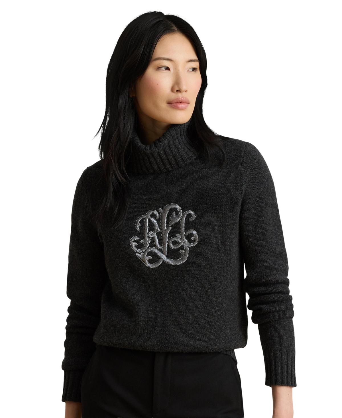 Lauren Ralph Lauren Women’s Embroidered-Logo Wool-Blend Turtleneck Sweater – Onyx Heather