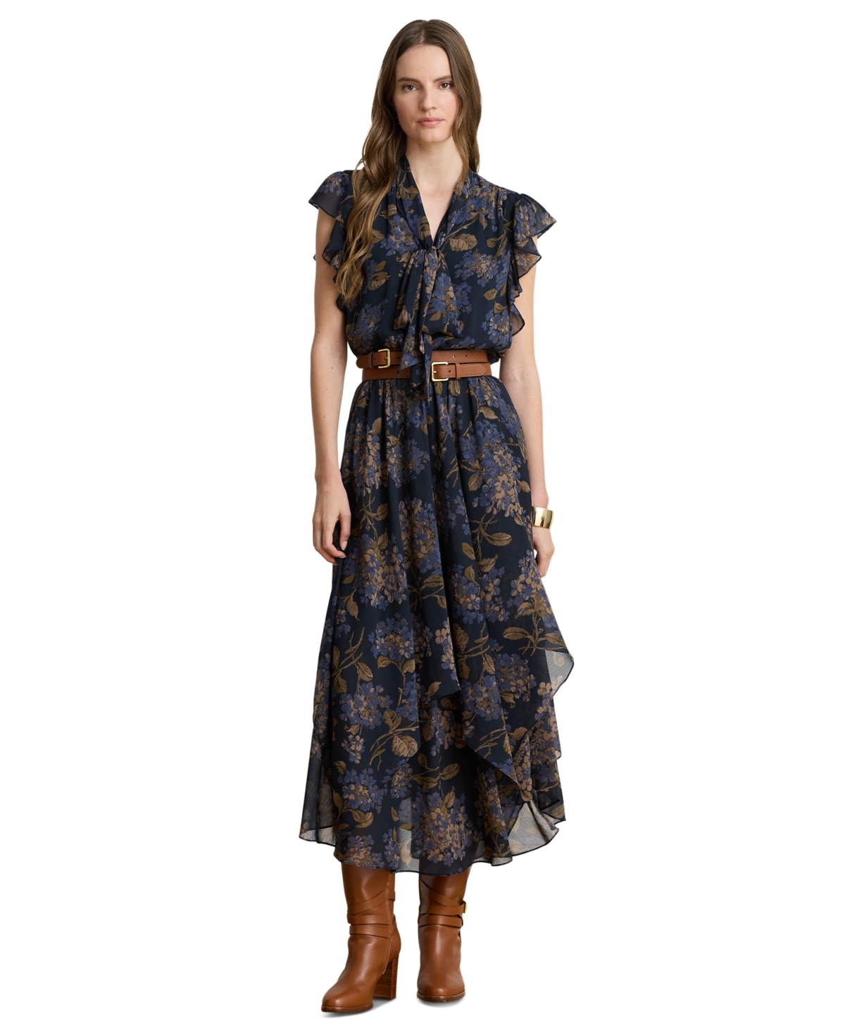 Lauren Ralph Lauren Women’s Floral Crinkle Georgette Tie-Neck Midi Dress – Navy Multi