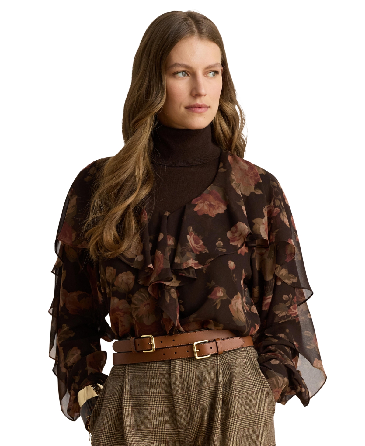 Lauren Ralph Lauren Women’s Graceful Floral-Print Ruffle-Trim Chiffon V-Neck Blouse – Brown Multi Lauren Ralph Lauren Women’s Graceful Floral-Print Ruffle-Trim Chiffon V-Neck Blouse – Brown Multi