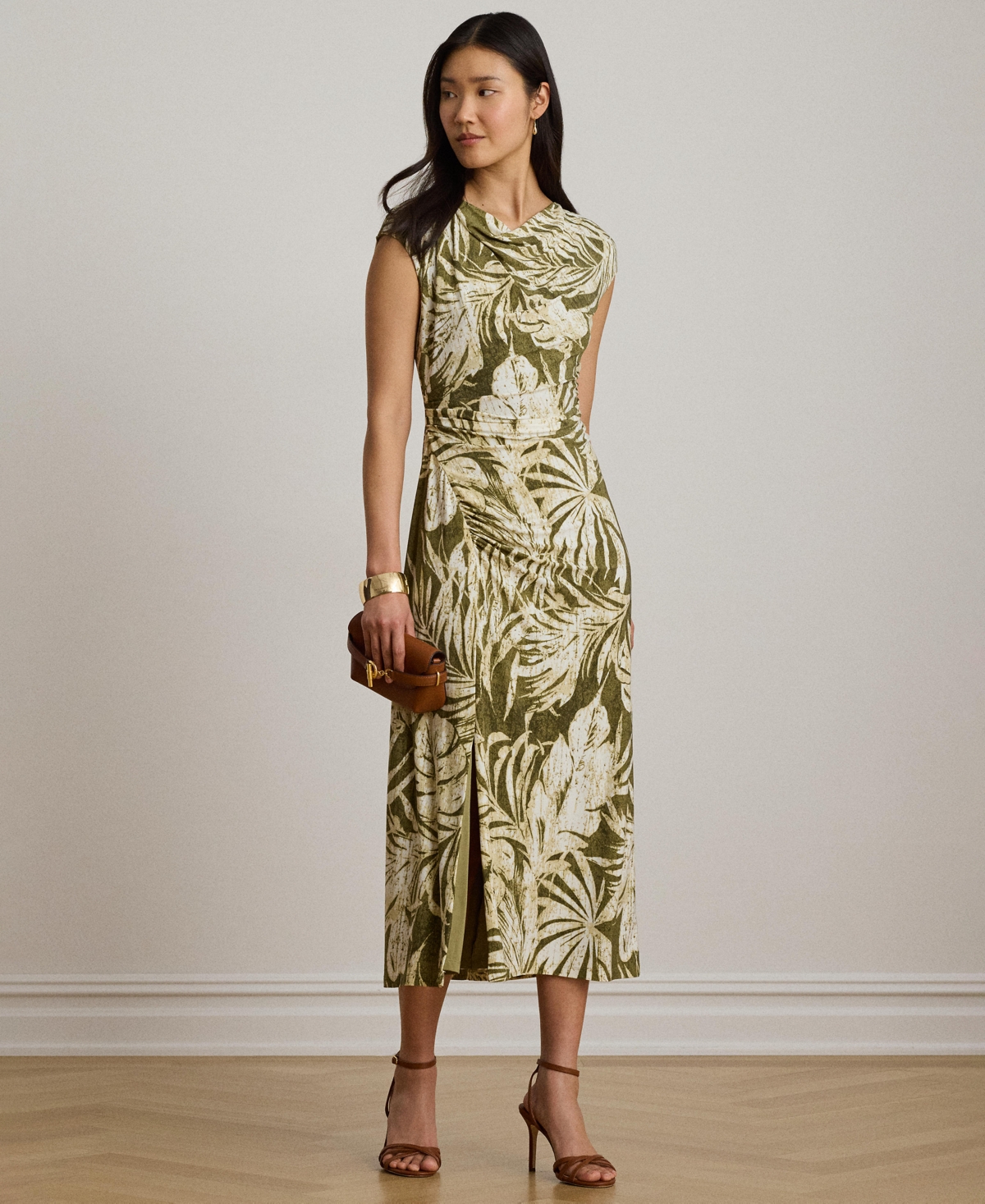 Lauren Ralph Lauren Women’s Palm-Frond-Print Cowl Neck Midi Dress – Olive Multi Lauren Ralph Lauren Women’s Palm-Frond-Print Cowl Neck Midi Dress – Olive Multi