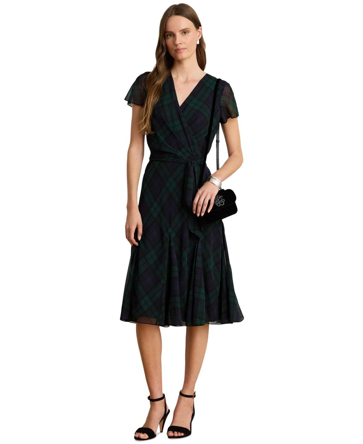 Lauren Ralph Lauren Women’s Plaid Flutter-Sleeve Wrap Dress – Navy/Green/Black