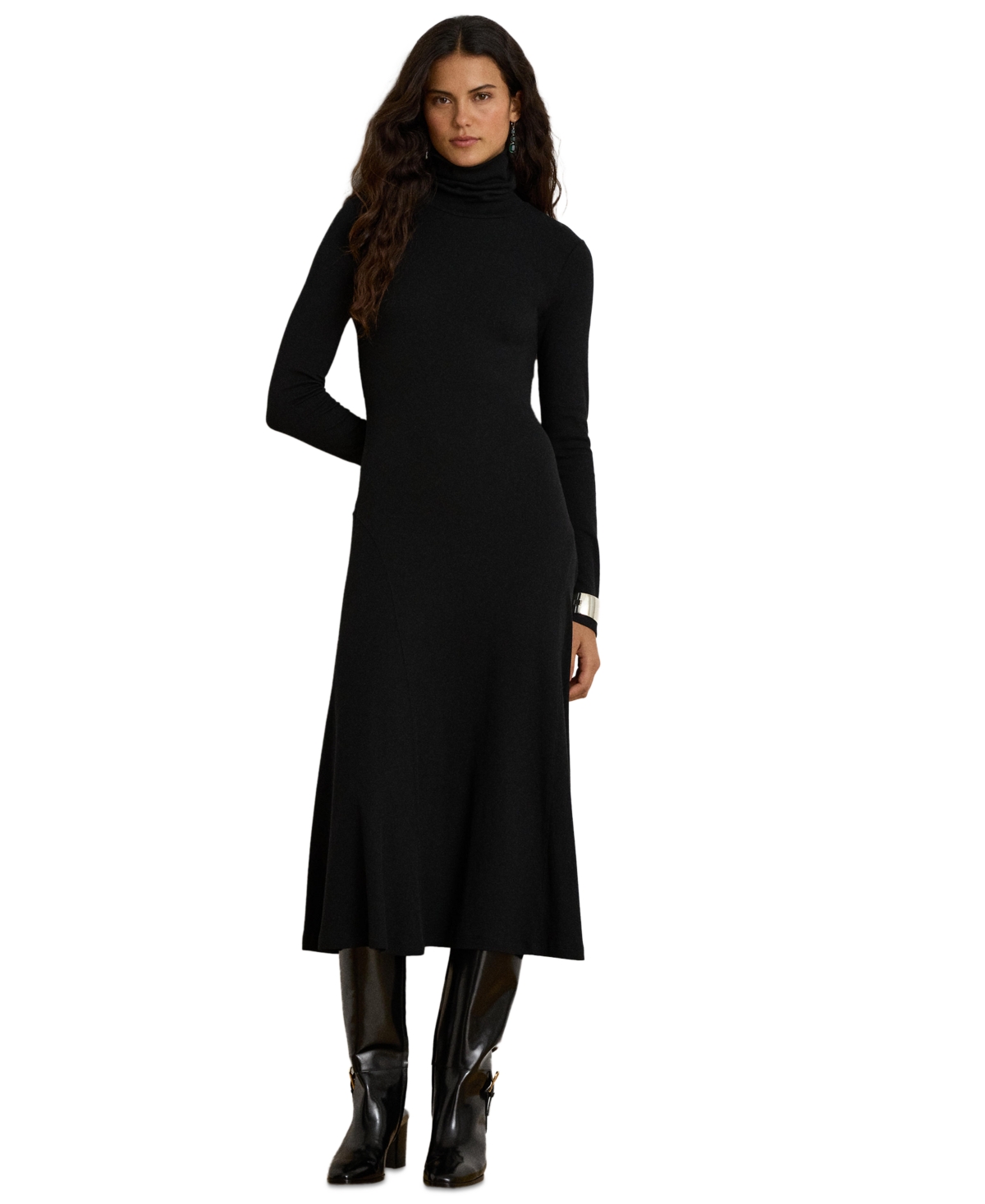 Lauren Ralph Lauren Women’s Rib-Knit Flared Midi Cotton-Blend Turtleneck Dress – Black Lauren Ralph Lauren Women’s Rib-Knit Flared Midi Cotton-Blend Turtleneck Dress – Black