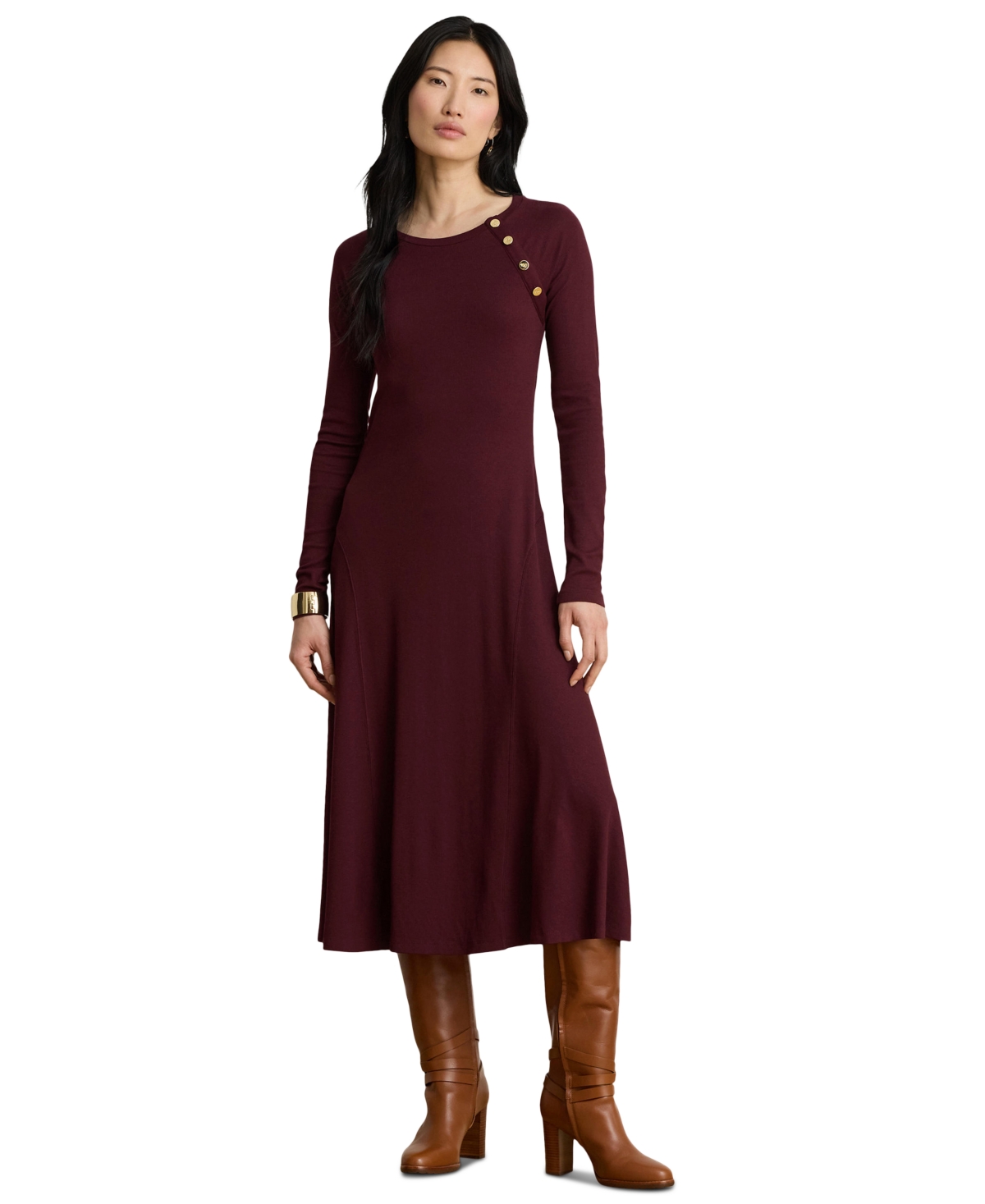 Lauren Ralph Lauren Women’s Rib-Knit Midi Crewneck Dress – Dark Garnet