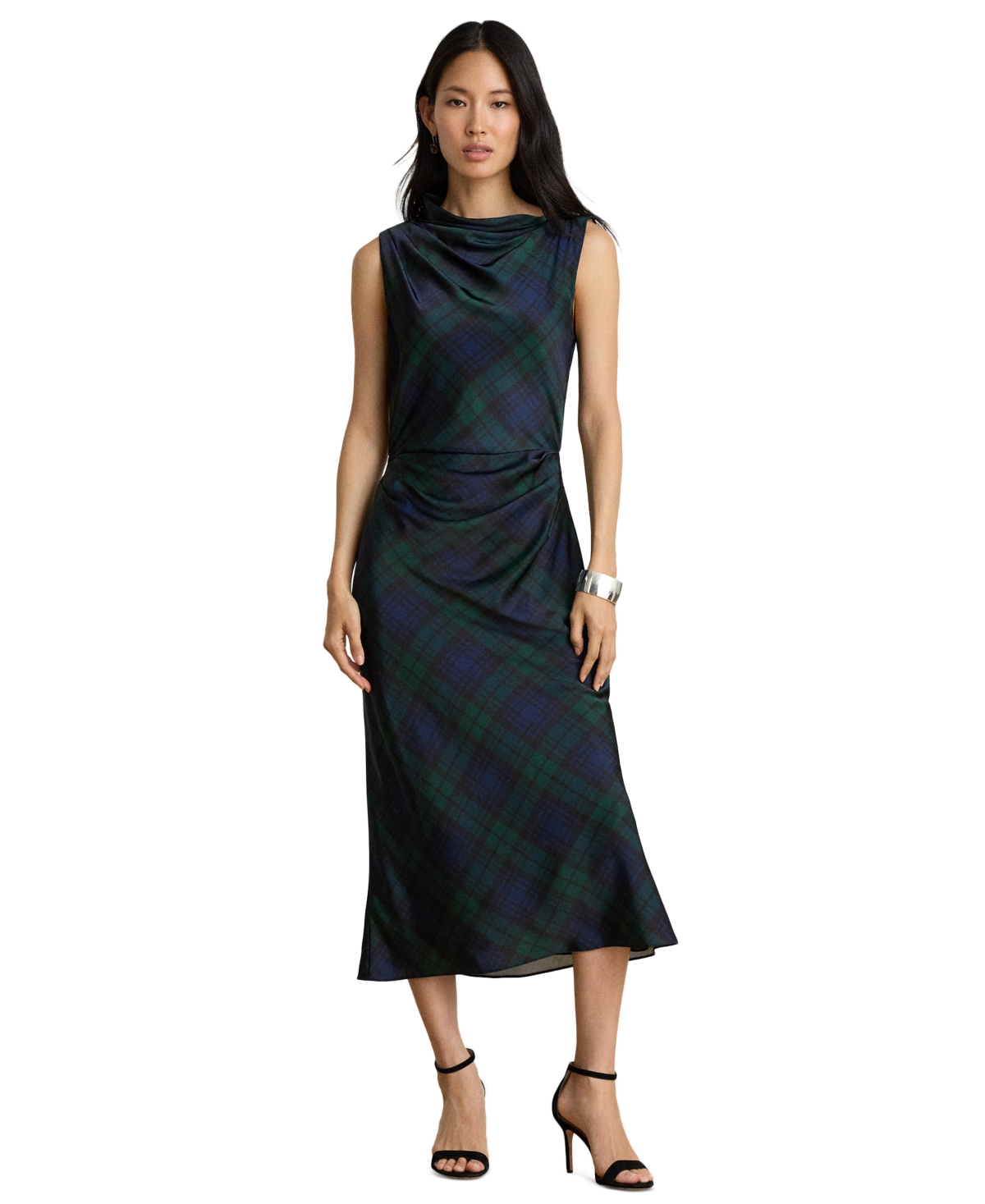 Lauren Ralph Lauren Women’s Satin Cowl Neck Plaid Midi Dress – Navy/Green/Black Lauren Ralph Lauren Women’s Satin Cowl Neck Plaid Midi Dress – Navy/Green/Black