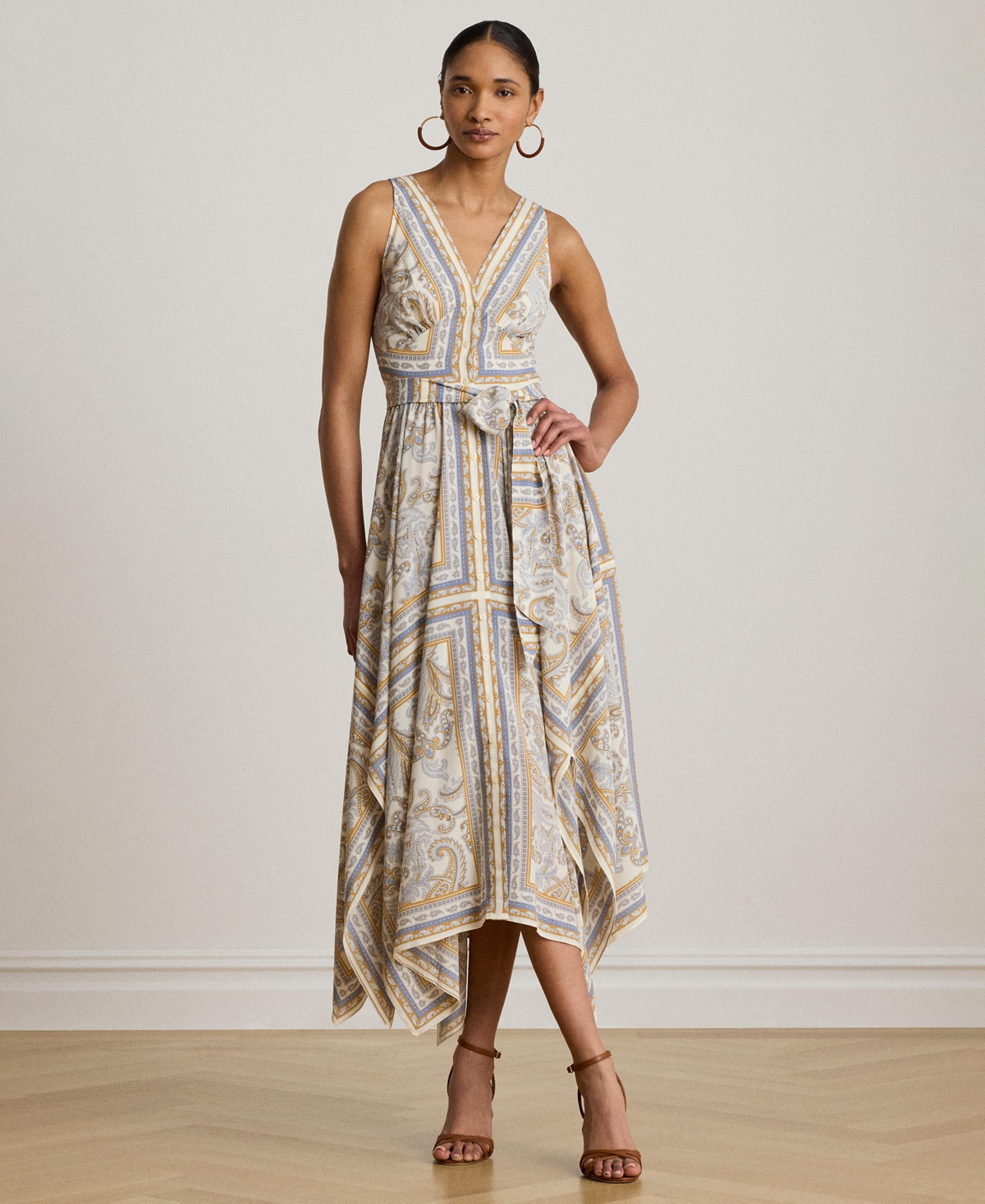 Lauren Ralph Lauren Women’s Sleeveless Handkerchief Hem Midi Dress – Cream Multi