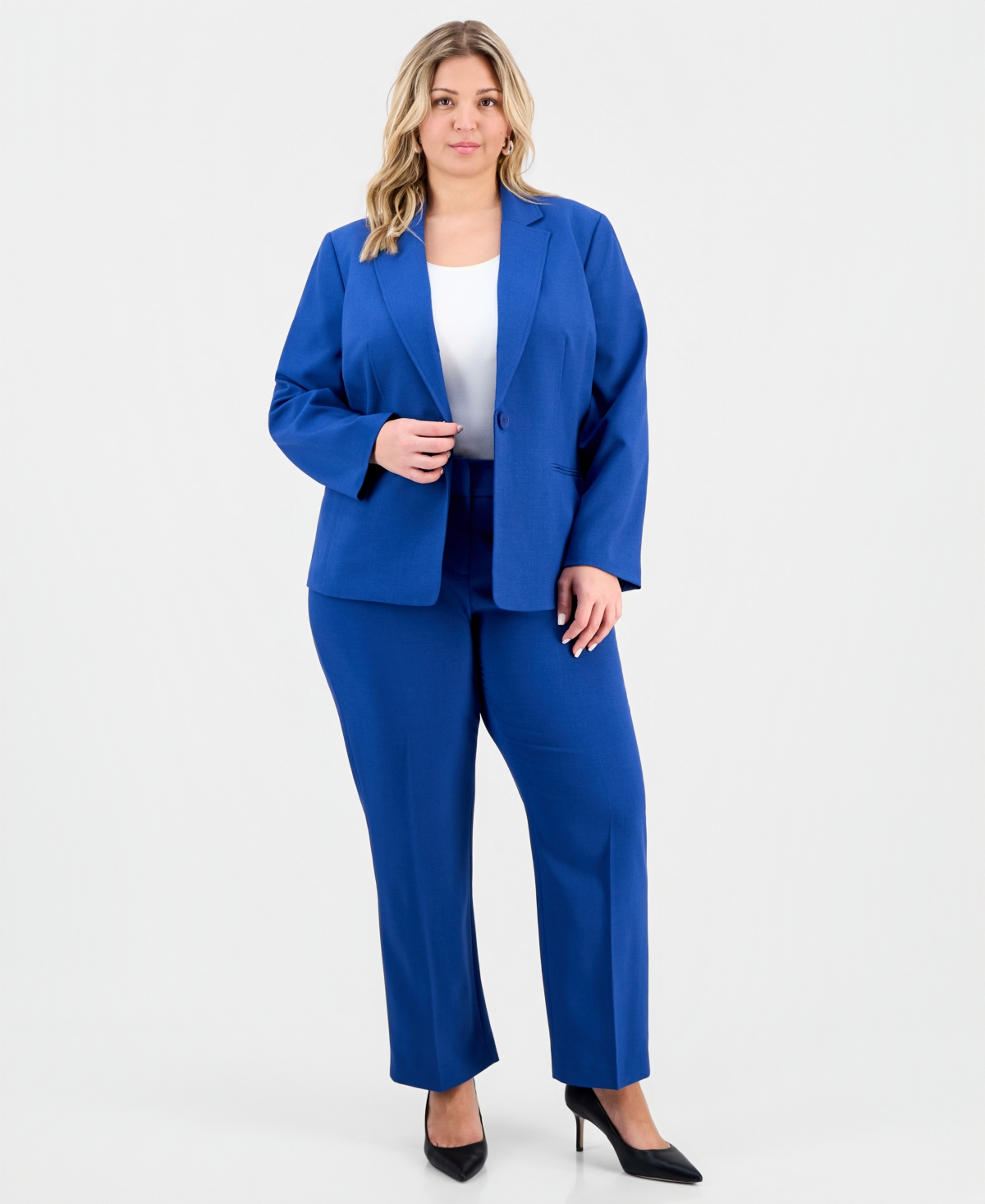 Le Suit Plus Size Notch-Lapel Mid-Rise 2 Piece Pantsuit – Blue Night Le Suit Plus Size Notch-Lapel Mid-Rise 2 Piece Pantsuit – Blue Night