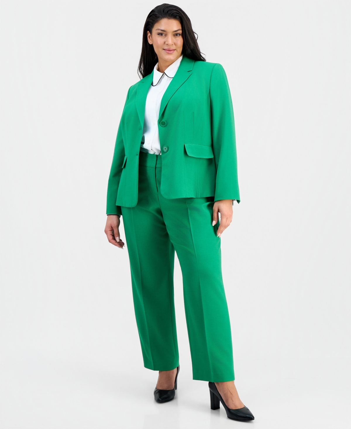 Le Suit Plus Size Notch-Lapel Mid-Rise 2 Piece Pantsuit – Pepper Green Le Suit Plus Size Notch-Lapel Mid-Rise 2 Piece Pantsuit – Pepper Green