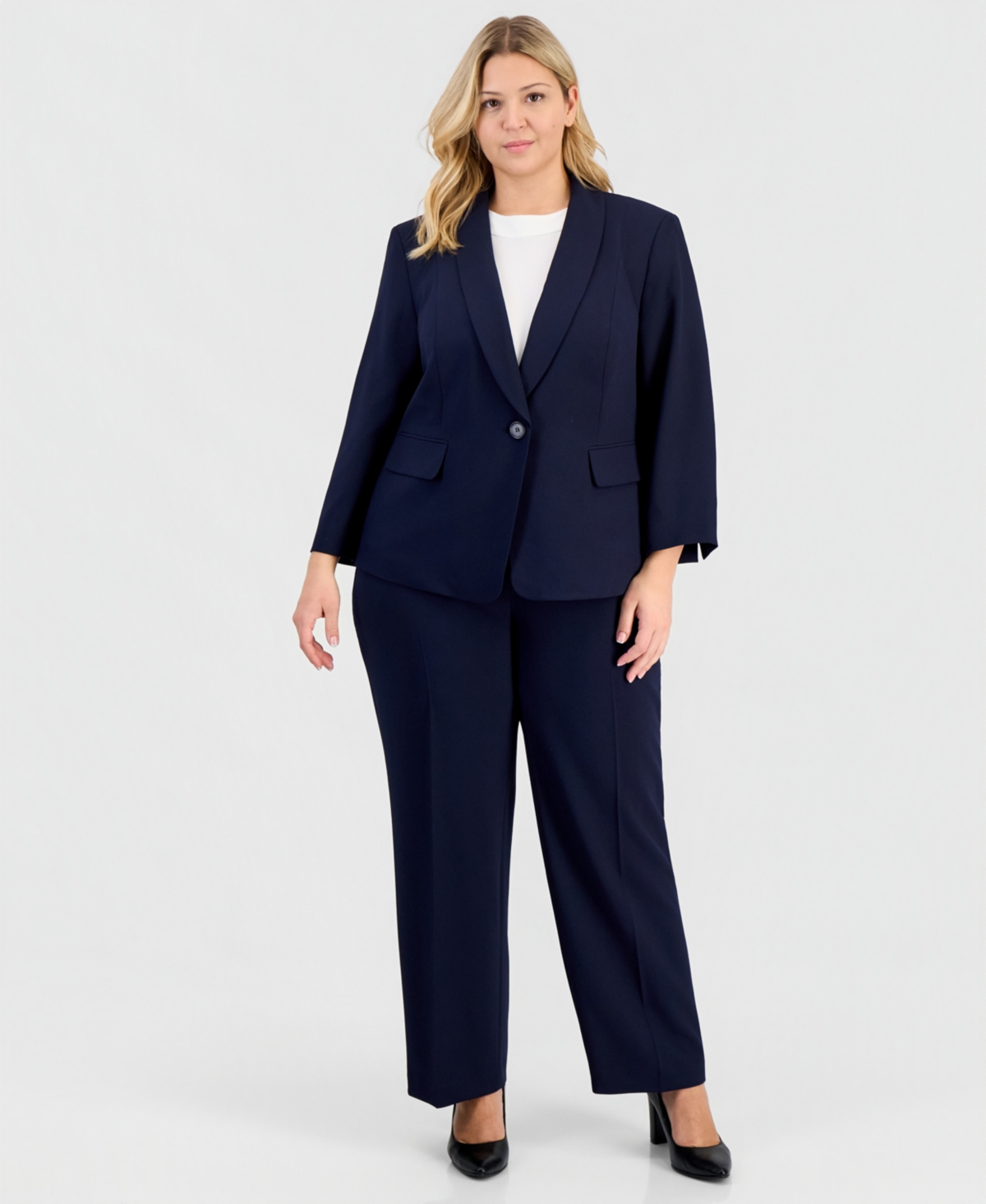 Le Suit Plus Size One-Button 3/4-Sleeve 2 Piece Pantsuit – Midnight Navy Le Suit Plus Size One-Button 3/4-Sleeve 2 Piece Pantsuit – Midnight Navy