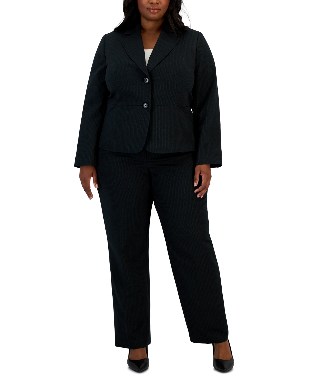 Le Suit Plus Size Two-Button Pinstriped Pantsuit Set – Black Le Suit Plus Size Two-Button Pinstriped Pantsuit Set – Black