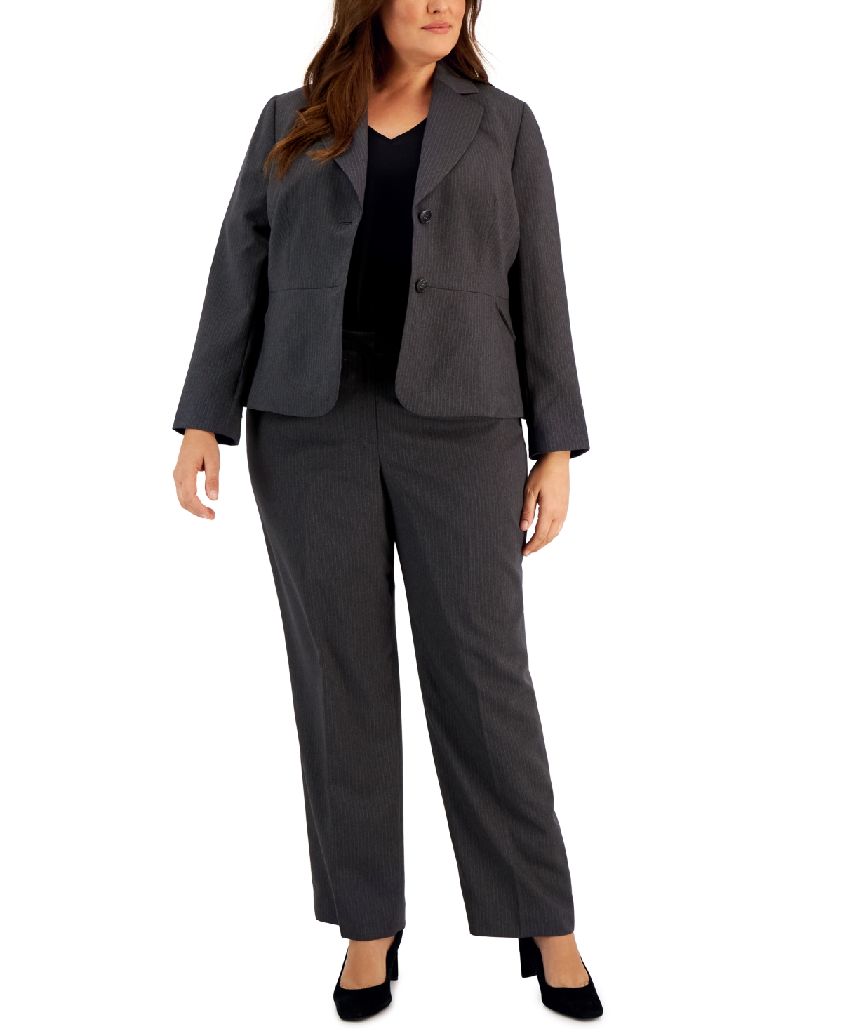 Le Suit Plus Size Two-Button Pinstriped Pantsuit Set – Charcoal Le Suit Plus Size Two-Button Pinstriped Pantsuit Set – Charcoal
