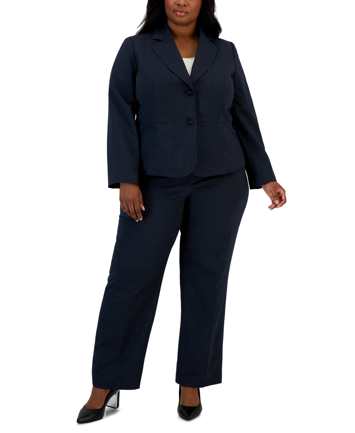 Le Suit Plus Size Two-Button Pinstriped Pantsuit Set – Navy Le Suit Plus Size Two-Button Pinstriped Pantsuit Set – Navy