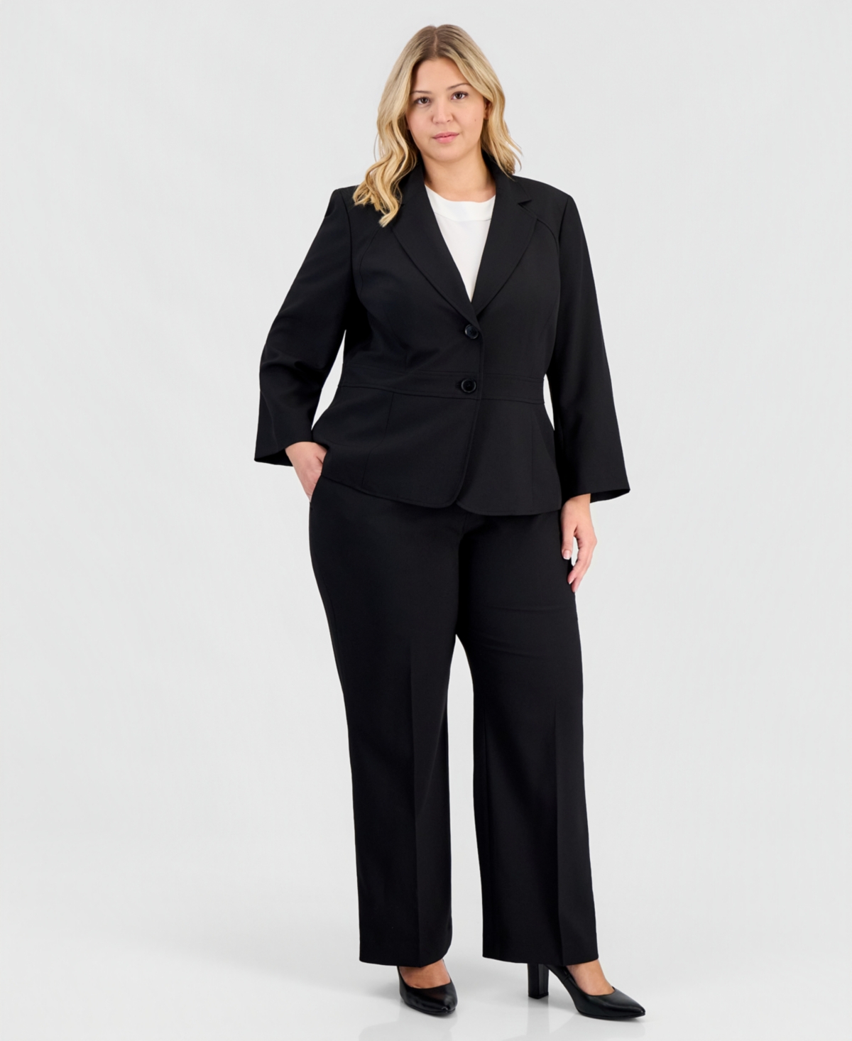 Le Suit Plus Size Two-Button Waist-Inset 2 Piece Pantsuit – Black Le Suit Plus Size Two-Button Waist-Inset 2 Piece Pantsuit – Black